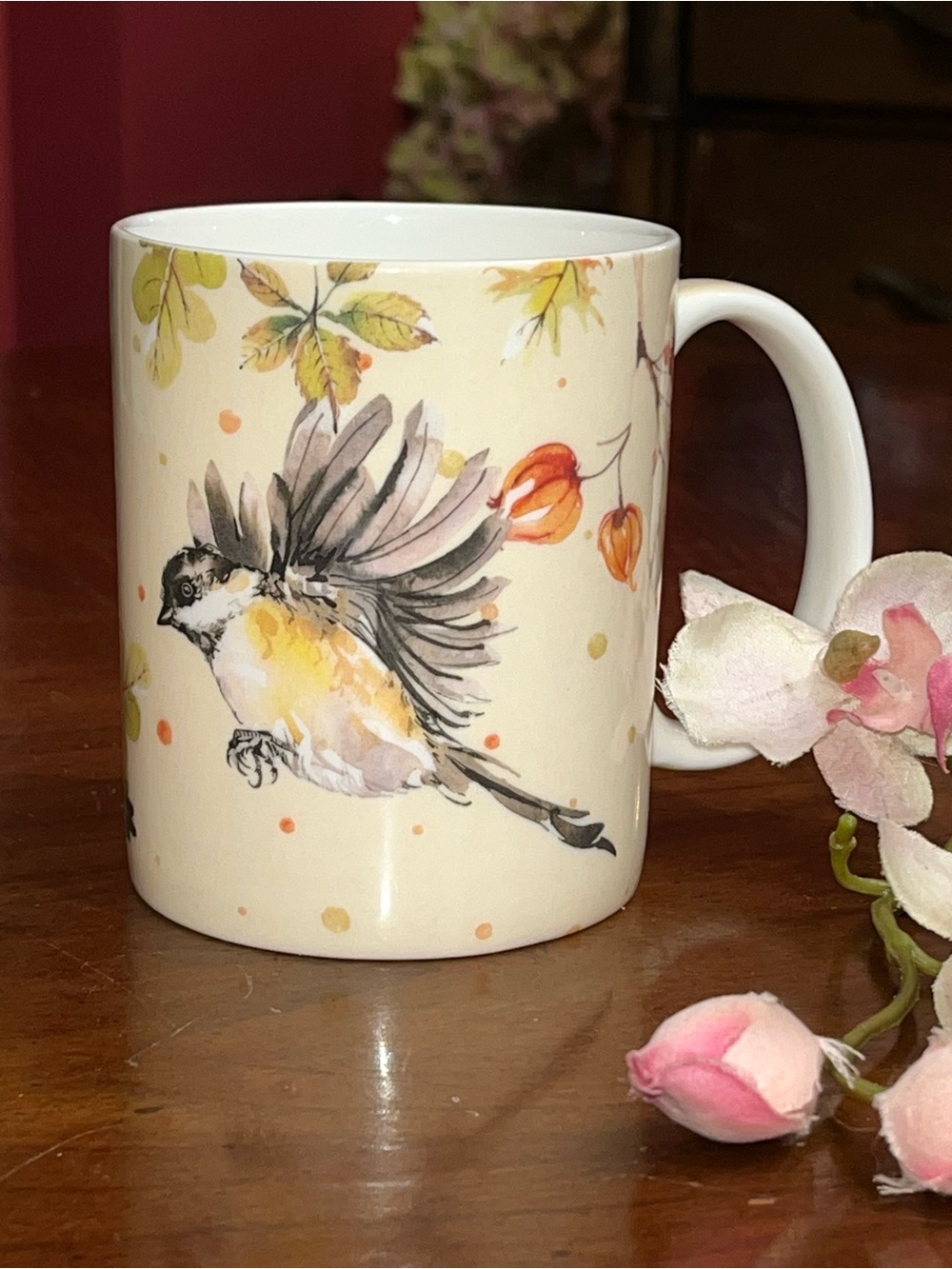Maison d'Hermine Equinoxe Fine Bone China Mug, Bird Fall Foliage Watercolor